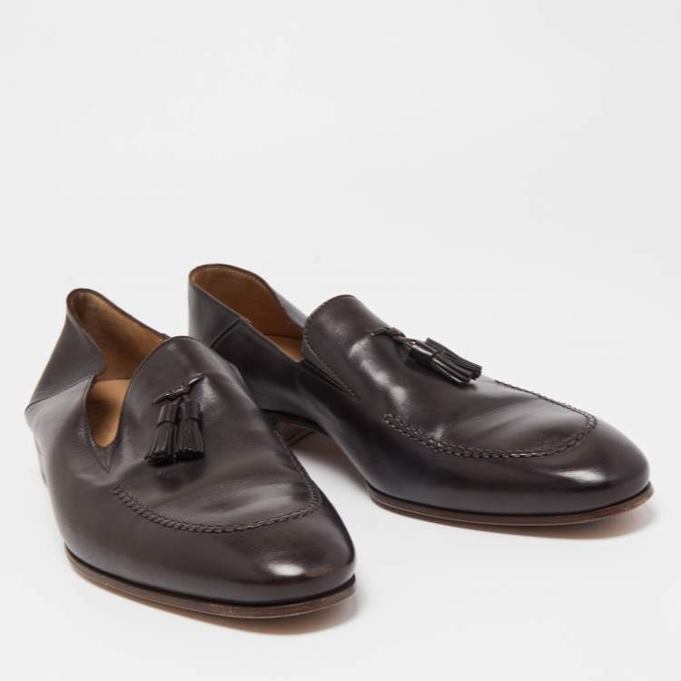 Pre Owned Giorgio Armani Dark Brown Leather Fringe Loafers Size 45