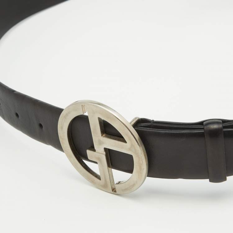 Pre Owned Giorgio Armani Black Leather Logo Buckle Belt 95CM
