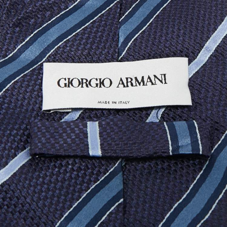 Pre Owned Giorgio Armani Navy Blue Striped Silk Traditional Tie