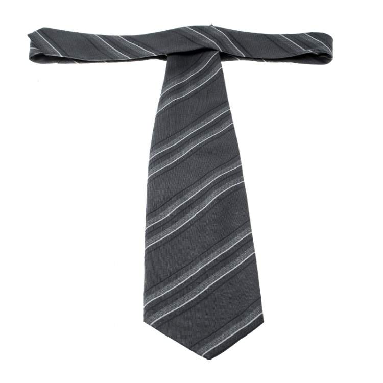 Pre Owned Giorgio Armani Grey Horizontal Striped Silk Jacquard Tie