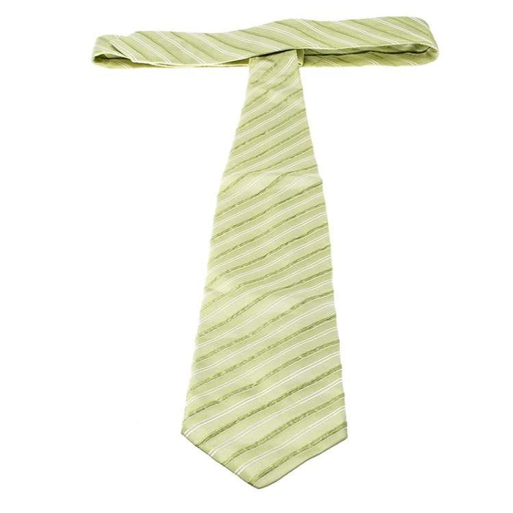 Pre Owned Giorgio Armani Lime Green Silk Textured Diagonal Striped Traditional Tie