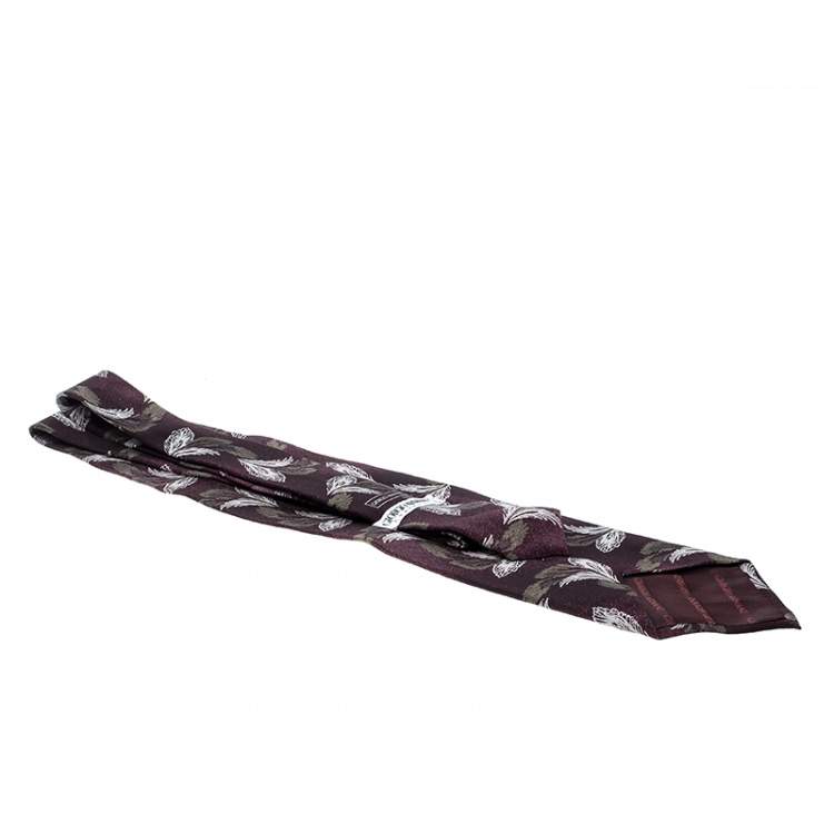 Pre Owned Giorgio Armani Cravatte Burgundy Leaf Print Traditional Silk Tie