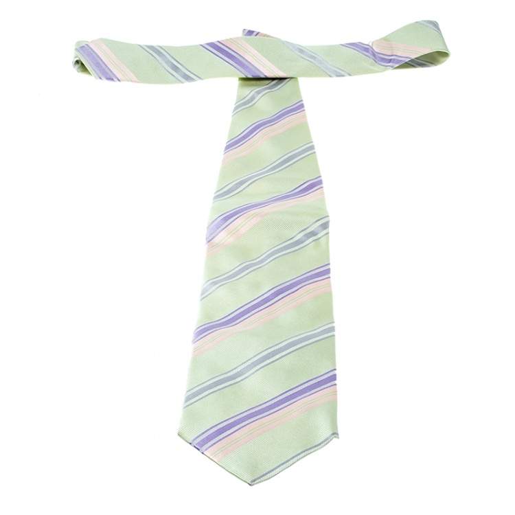 Pre Owned Giorgio Armani Green Contrast Diagonal Striped Traditional Silk Tie