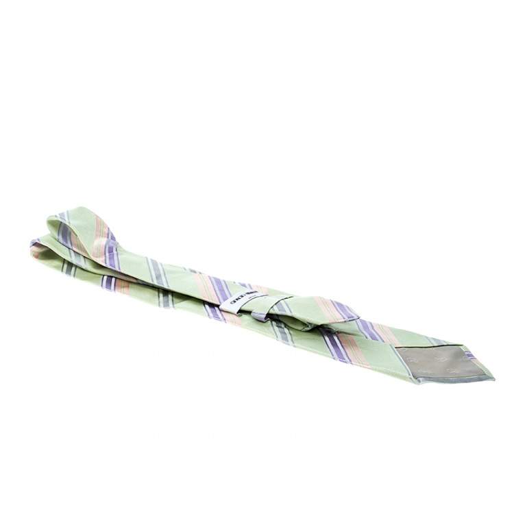 Pre Owned Giorgio Armani Green Contrast Diagonal Striped Traditional Silk Tie
