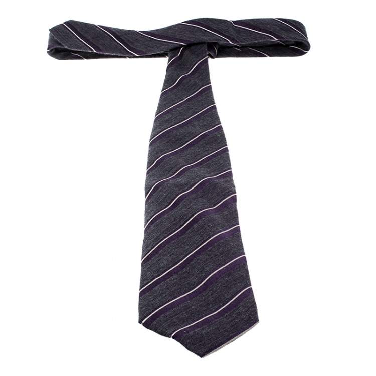 Pre Owned Giorgio Armani Purple Diagonal Striped Silk Wool Traditional Tie