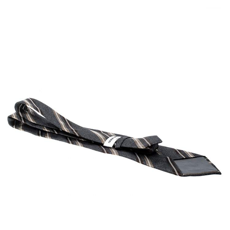 Pre Owned Giorgio Armani Grey Contrast Striped Silk Traditional Tie