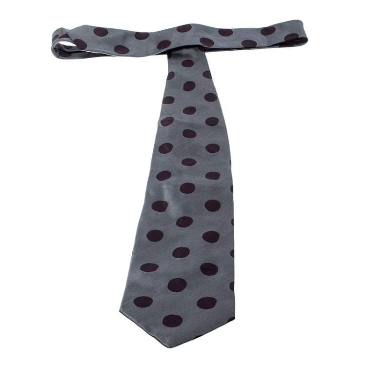 Pre Owned Giorgio Armani Grey and Burgundy Polka Dotted Silk Traditional Tie
