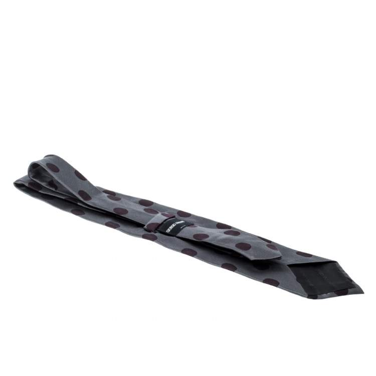 Pre Owned Giorgio Armani Grey and Burgundy Polka Dotted Silk Traditional Tie
