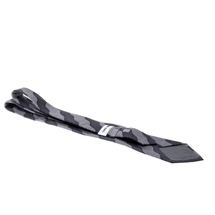 Pre Owned Giorgio Armani Grey Wave Pattern Silk Jacquard Traditional Tie