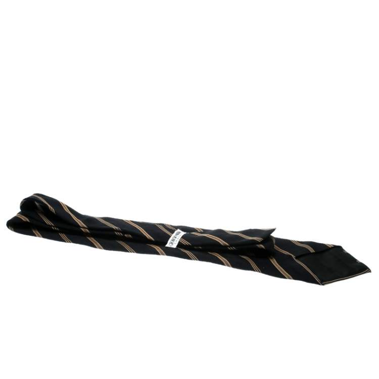 Pre Owned Giorgio Armani Cravatte Black and Beige Diagonal Striped Jacquard Traditional Tie
