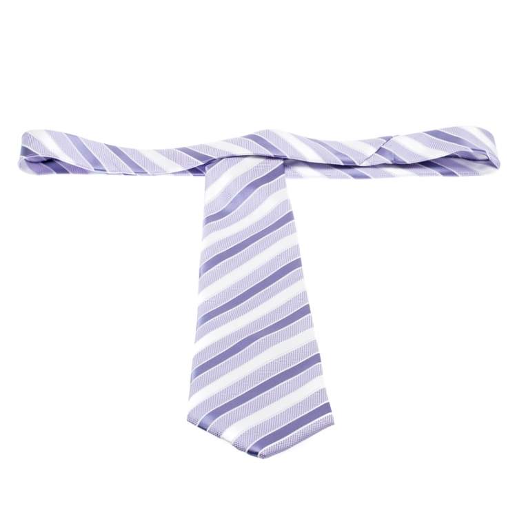 Pre Owned Giorgio Armani Vintage Lilac and White Diagonal Striped Silk Jacquard Tie