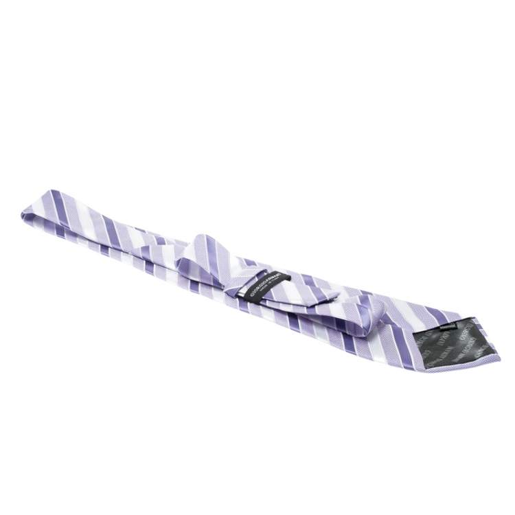 Pre Owned Giorgio Armani Vintage Lilac and White Diagonal Striped Silk Jacquard Tie