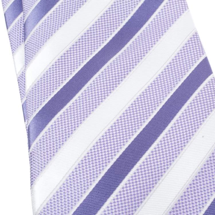 Pre Owned Giorgio Armani Vintage Lilac and White Diagonal Striped Silk Jacquard Tie