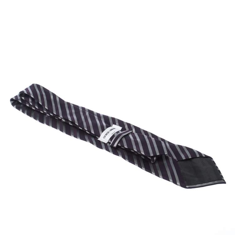 Pre Owned Giorgio Armani Dark Purple Diagonal Stripes Silk Jacquard Traditional Tie 