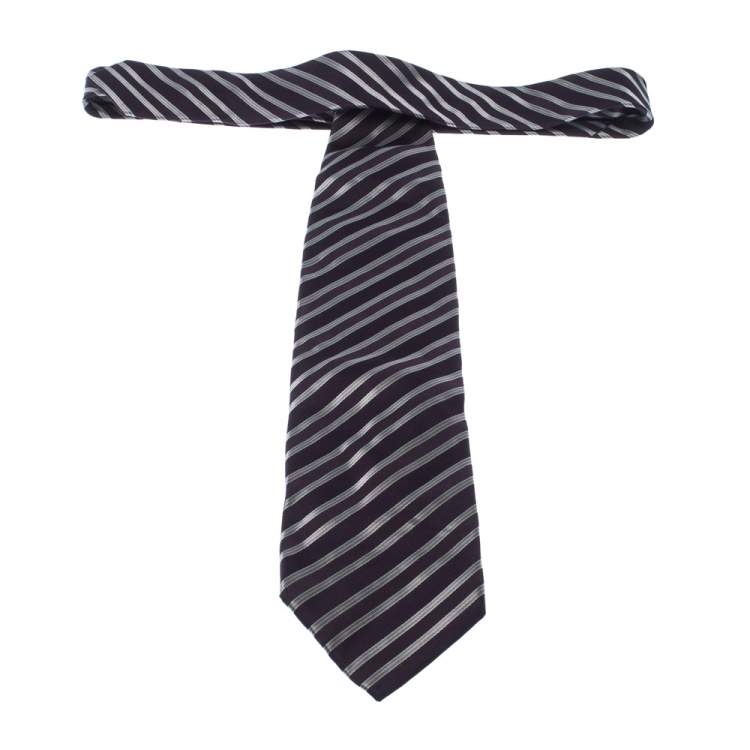 Pre Owned Giorgio Armani Dark Purple Diagonal Stripes Silk Jacquard Traditional Tie 