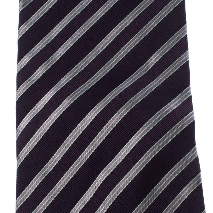 Pre Owned Giorgio Armani Dark Purple Diagonal Stripes Silk Jacquard Traditional Tie 