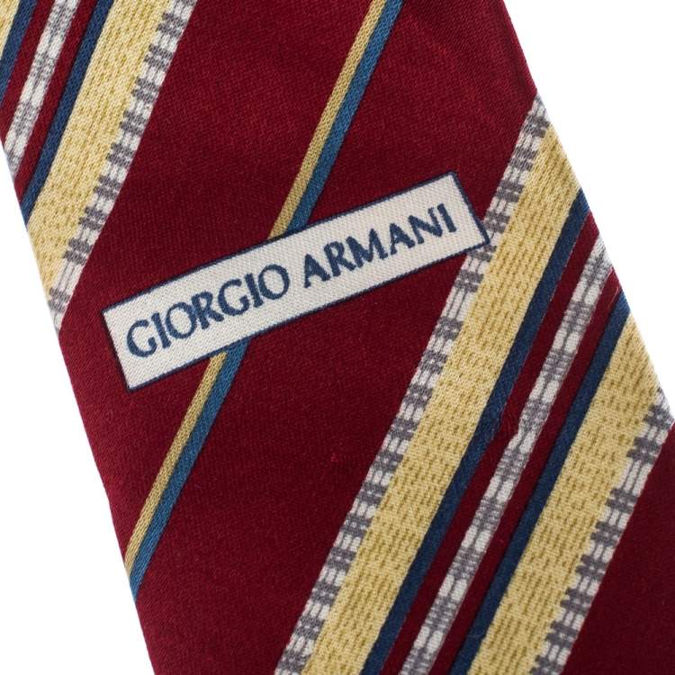 Pre Owned Giorgio Armani Red & Yellow Diagonal Stripes Silk Traditional Tie 