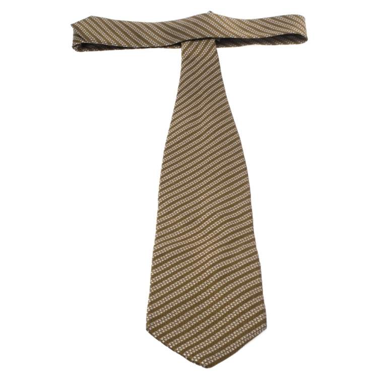 Pre Owned Giorgio Armani Vintage Olive Green Jacquard Traditional Silk Tie