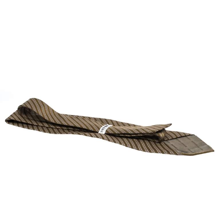 Pre Owned Giorgio Armani Vintage Olive Green Jacquard Traditional Silk Tie