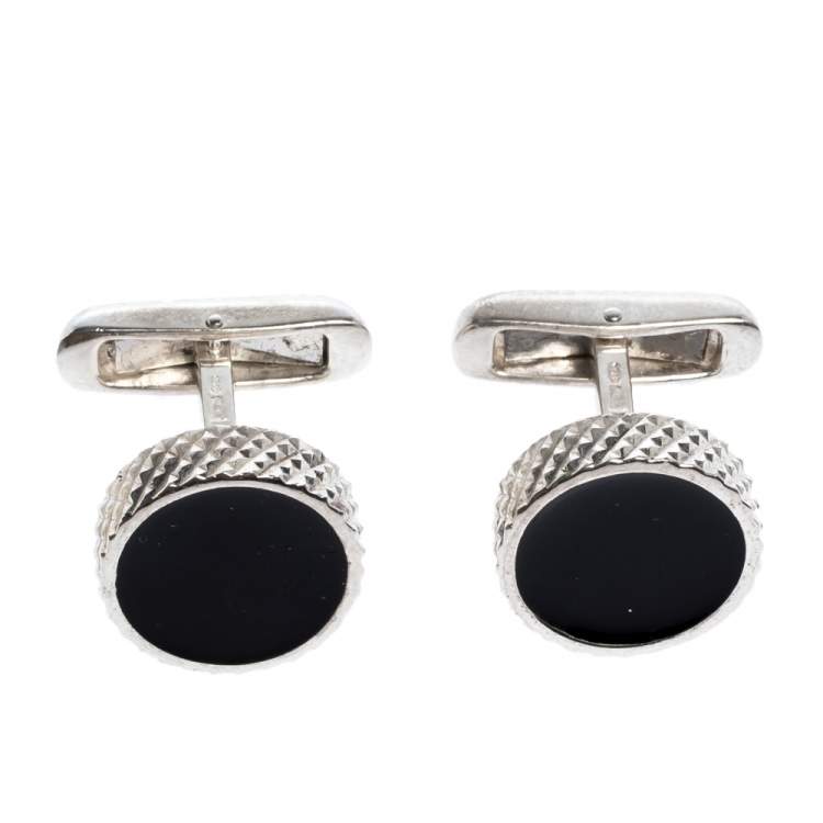 Pre Owned Giorgio Armani Black Enamel Textured Silver Cufflinks