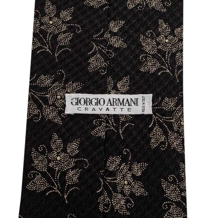 Pre Owned Giorgio Armani Black Floral Print Textured Silk Blend Traditional Tie