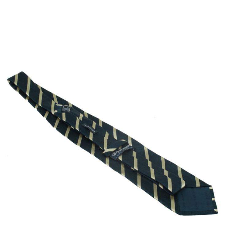 Pre Owned Giorgio Armani Black and Beige Striped Silk Tie