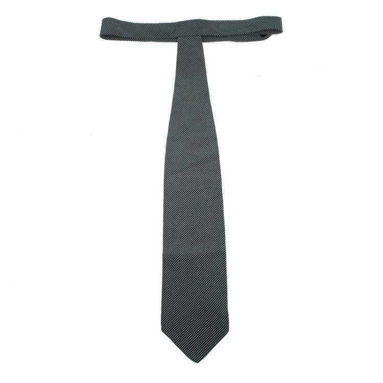 Pre Owned Giorgio Armani Beige and Black Striped Silk Tie
