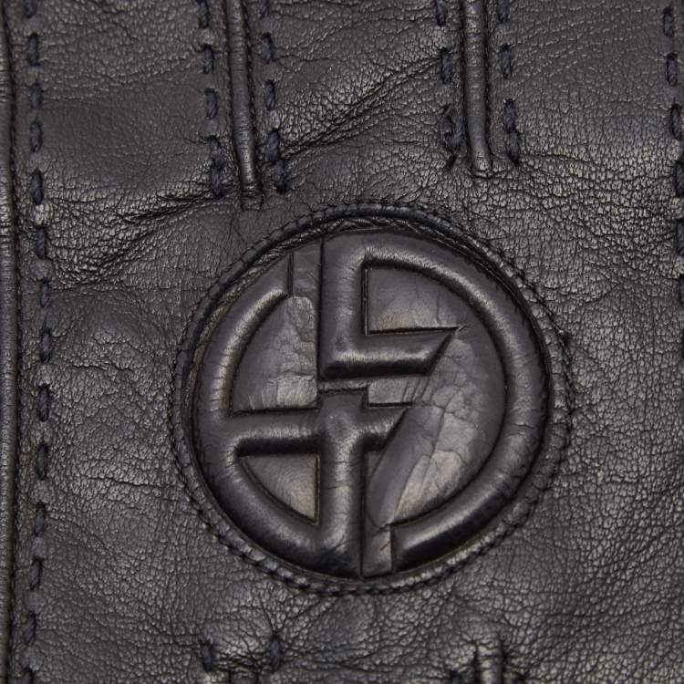 Pre Owned Giorgio Armani Black Leather Stitch Detail Gloves L