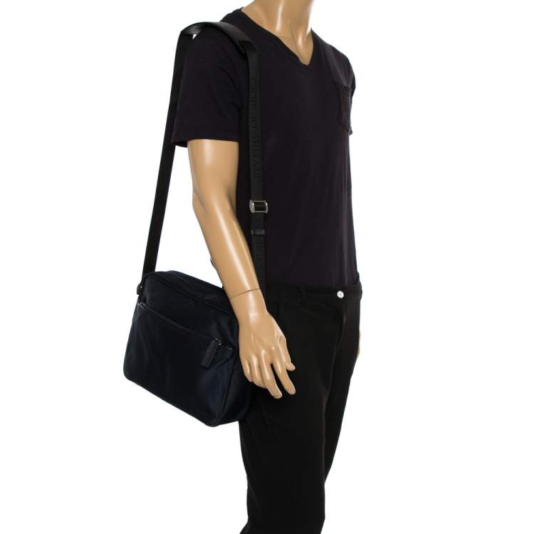 Pre Owned Giorgio Armani Navy Blue Monogram Fabric and Leather Front Zip Pocket Messenger Bag