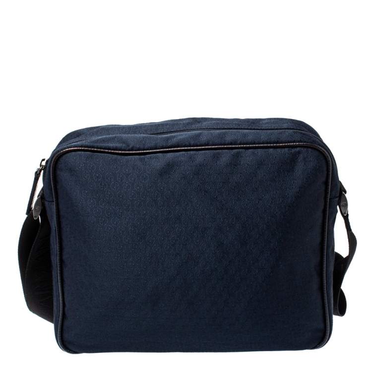 Pre Owned Giorgio Armani Navy Blue Monogram Fabric and Leather Front Zip Pocket Messenger Bag