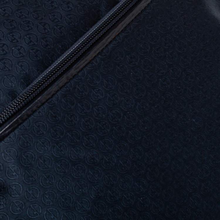 Pre Owned Giorgio Armani Navy Blue Monogram Fabric and Leather Front Zip Pocket Messenger Bag