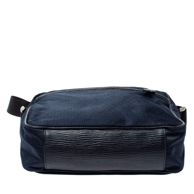 Pre Owned Giorgio Armani Navy Blue Monogram Fabric and Leather Front Zip Pocket Messenger Bag