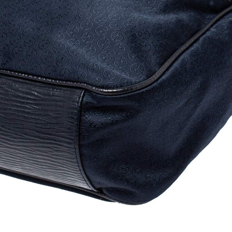 Pre Owned Giorgio Armani Navy Blue Monogram Fabric and Leather Front Zip Pocket Messenger Bag