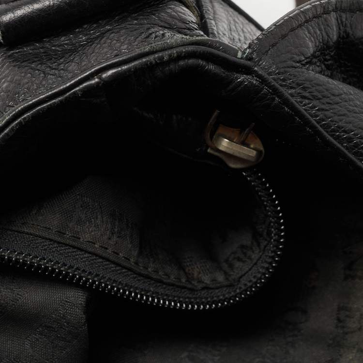 Pre Owned Giorgio Armani Black Leather Logo Flap Messenger Bag