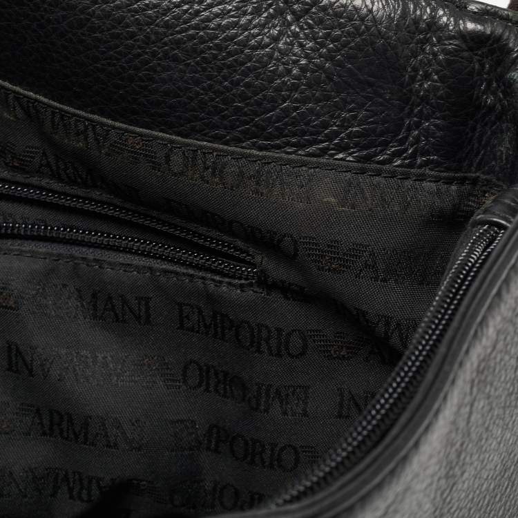 Pre Owned Giorgio Armani Black Leather Logo Flap Messenger Bag