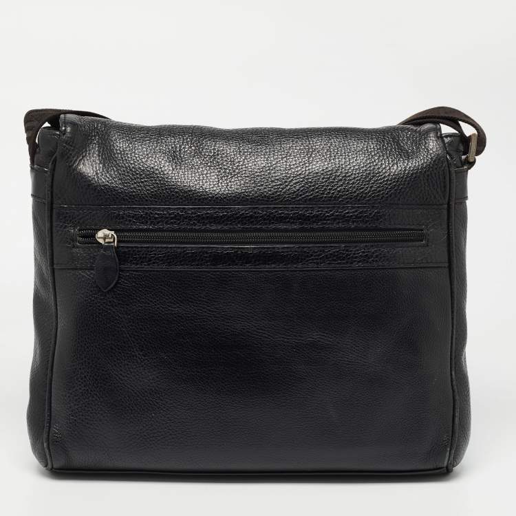 Pre Owned Giorgio Armani Black Leather Logo Flap Messenger Bag