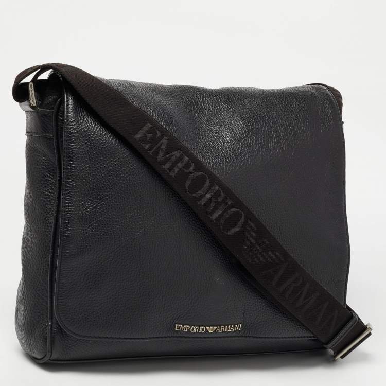 Pre Owned Giorgio Armani Black Leather Logo Flap Messenger Bag