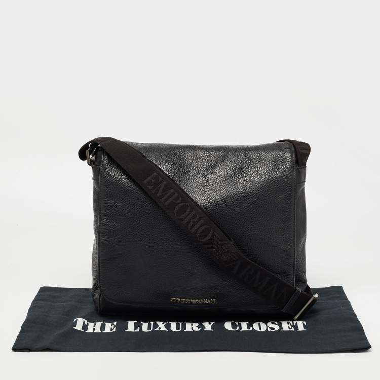 Pre Owned Giorgio Armani Black Leather Logo Flap Messenger Bag