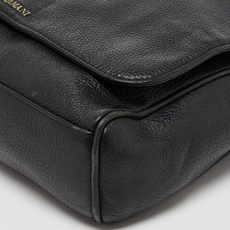 Pre Owned Giorgio Armani Black Leather Logo Flap Messenger Bag