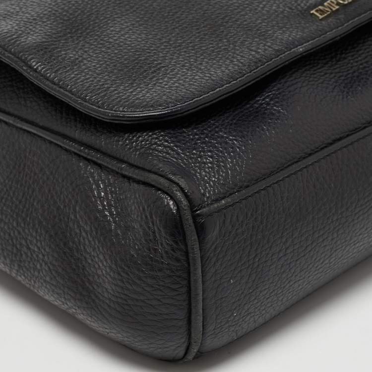 Pre Owned Giorgio Armani Black Leather Logo Flap Messenger Bag