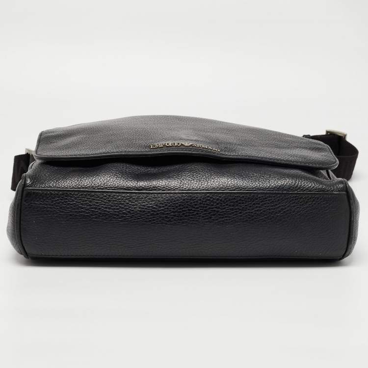 Pre Owned Giorgio Armani Black Leather Logo Flap Messenger Bag