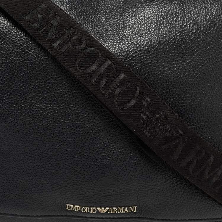 Pre Owned Giorgio Armani Black Leather Logo Flap Messenger Bag