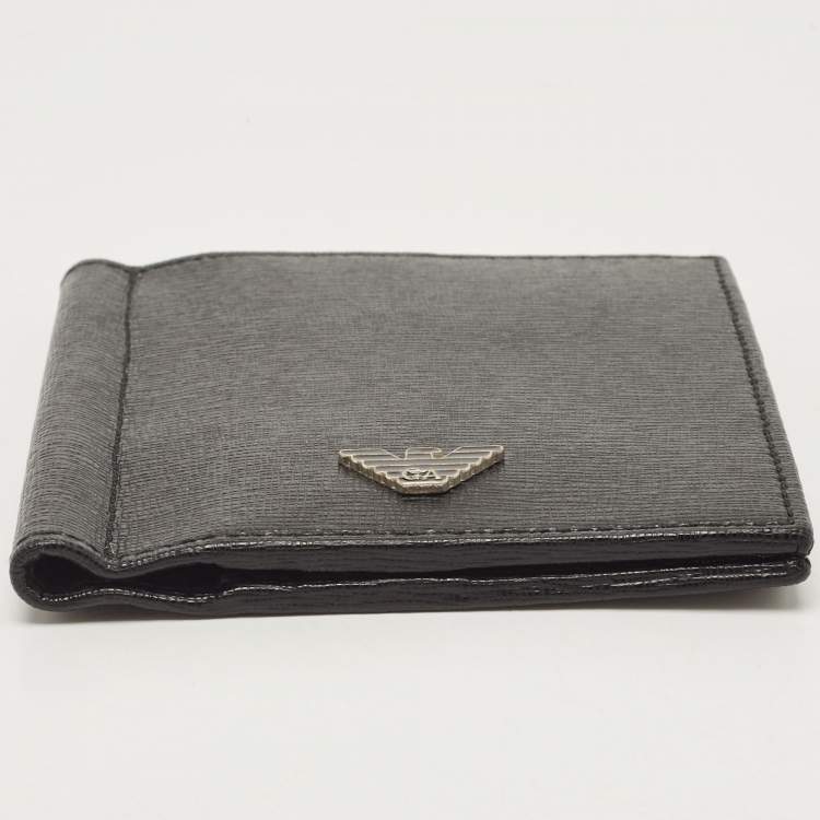 Pre Owned Giorgio Armani Black Leather Logo Bifold Wallet