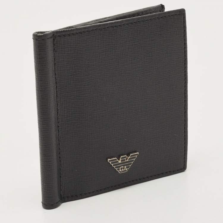 Pre Owned Giorgio Armani Black Leather Logo Bifold Wallet