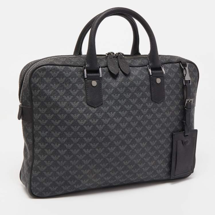 Pre Owned Giorgio Armani Black/Dark Grey Jacquard Coated Canvas Briefcase