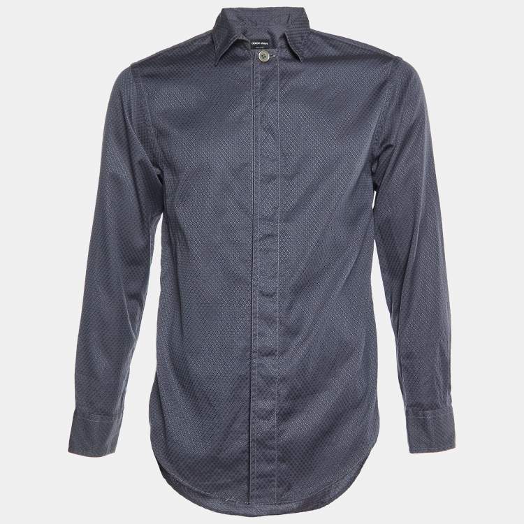 Pre Owned Giorgio Armani Grey Patterned Cotton Buttoned Up Shirt M