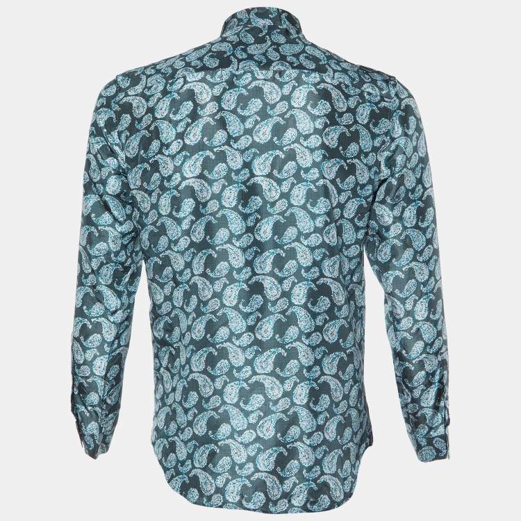 Pre Owned Giorgio Armani Green Paisley Print Silk Buttoned Up Shirt M
