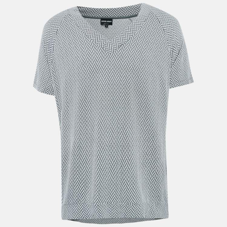 Pre Owned Giorgio Armani Grey Patterned Stretch Knit V-Neck T-Shirt XXL