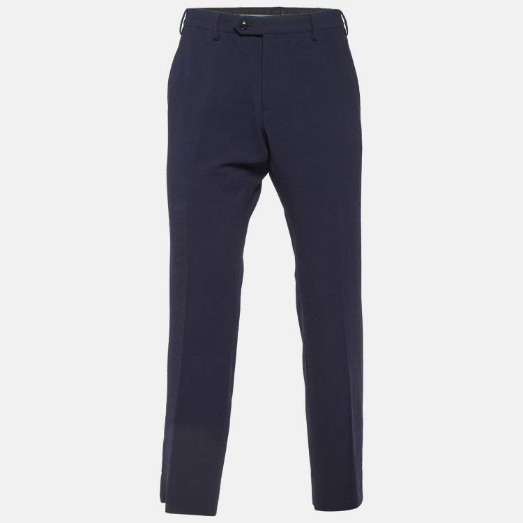Pre Owned Giorgio Armani Navy Blue Textured Wool Trousers L