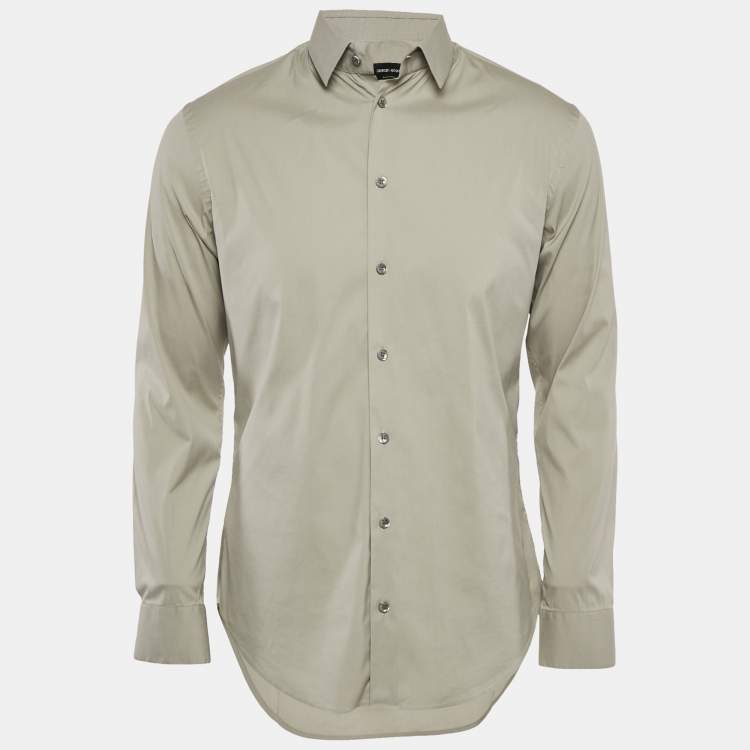 Pre Owned Giorgio Armani Grey Stretch Cotton Long Sleeve Shirt M